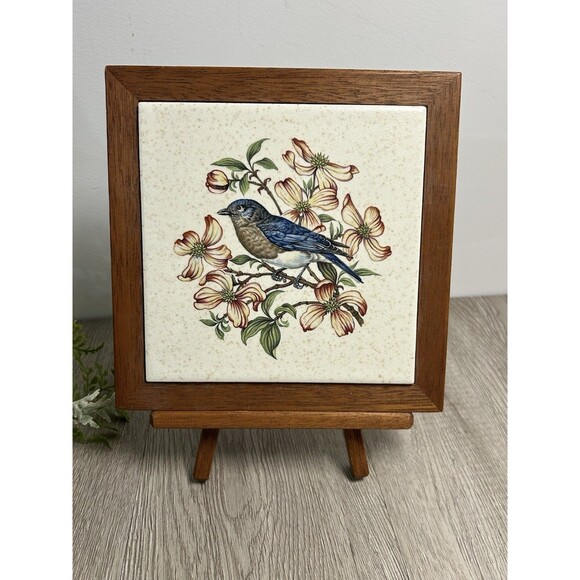 Vintage MCM Tile Trivet W/Easel Bluebird Flowers Creations By Deede USA - Picture 1 of 8